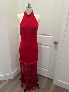 Red Halter Maxi Dress with Fringe Hem